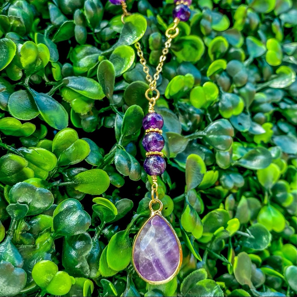Amethyst Lariat Genuine Gemstone Necklace Beaded Bohemian Jewelry - Picture 3 of 4